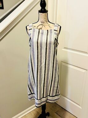 Sharagano Linen Blend Striped Dress Pockets Blue White Sz 4